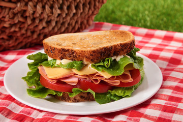 Summer picnic hamper toasted ham and cheese sandwich