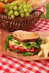 Summer picnic basket toasted ham and cheese sandwich