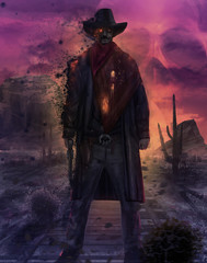 Fototapeta premium Ghost cowboy character illustration. Illustration of a mystic dead cowboy ghost standing on a western desert railroad with gun & outfit on a purple skull sunset.