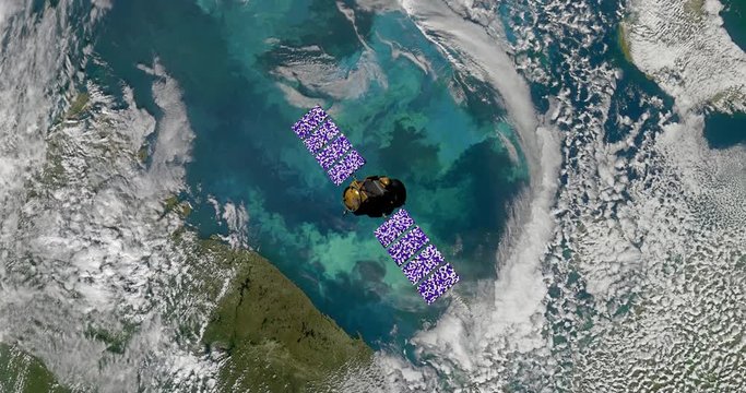Top view of Earth-observing CALIPSO spacecraft in orbit above the Arctic Barents Sea. Data: NASA/JPL.