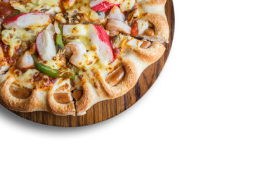 Pizza on wooden plate isolated on white background, Top view