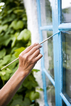 A woman repainting a window, Oland, Sweden.
