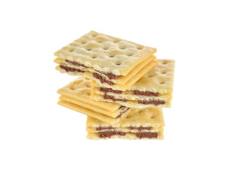sandwich cracker chocolate flavored cream on white background