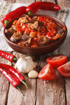 lamb stew with onions, tomatoes and pepper in a bowl close-up. vertical
