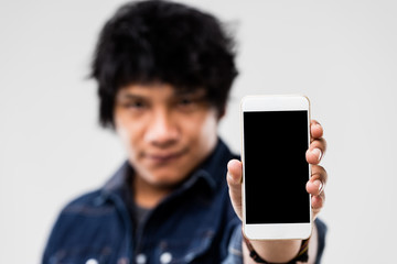 man showing smartphone screen to you
