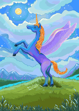 Unicorn illustration. Blue unicorn in the night of the  landscap
