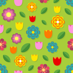 Beautiful seamless pattern of colorful flowers - tulips, chamomile, daisy and leaves. Cute abstract background in simple geometric style. Vector floral illustration.