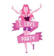 Vector emblem with cartoon image of a dancing girl with long pink hair in purple shorts, black tank top and banner with lettering 
