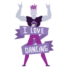 Vector emblem with cartoon image of a dancing man with purple hair in purple pants and black t-shirt and banner with lettering 