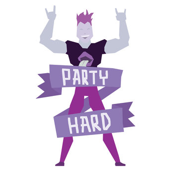Vector emblem with cartoon image of a dancing man with purple hair in purple pants and black t-shirt and banner with lettering "Party hard" on a white background. Flat style in lilac tones.