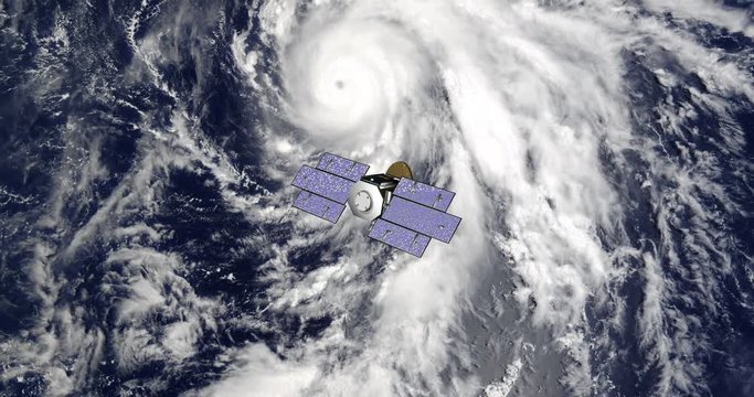 Top view of Earth-observing CloudSat spacecraft in orbit above a major hurricane. Data: NASA/JPL.
