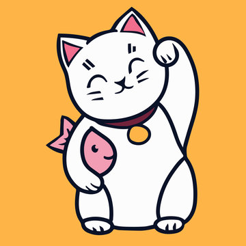 Cartoon Maneki Neko Cat With Fish