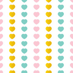 Cute pink, mint green and gold hearts seamless pattern background.
