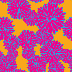 Vector image of seamless pattern of pink daisies on an orange background. Pink flowers with a blue stroke. Vector seamless pattern.