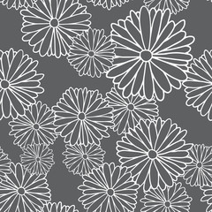 Vector image of seamless pattern of black daisies on a black background. Black flowers with a white stroke. Made in monochrome style. Vector seamless pattern.