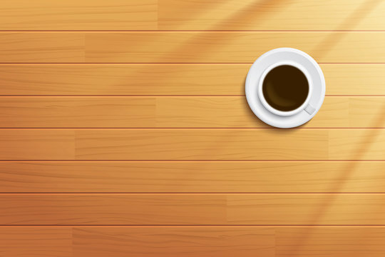 coffee cup on wooden table top view