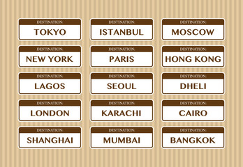 Destination cities stickers, set of, vector