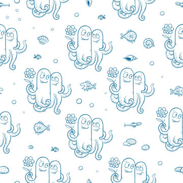 Marine seamless pattern with cute cartoon octopus, fish and shells on white background. Underwater life. Children's illustration. Vector contour image.