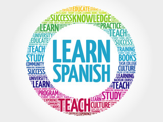 Learn Spanish word cloud, education business concept