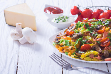 Colored pasta with mushrooms, tomatoes and cheese