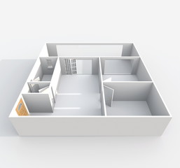 3d interior rendering oblique view of square empty paper model home apartment: room, bathroom, bedroom, kitchen, living-room, hall, entrance, door, window, balcony