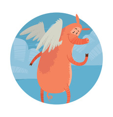 Vector image of a round blue heaven frame with cartoon image of funny pink pig with white wings behind his back, standing his back on a white background. Cute pig with a long nose. Hand-drawing style.