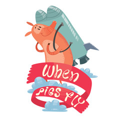 Vector emblem with the red banner, clouds and with cartoon image of a funny pink pig with a long nose and with a gray metal jetpack behind his back on a white background. Inscription 