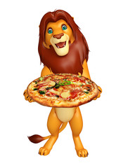 Naklejka premium Lion cartoon character with pizza