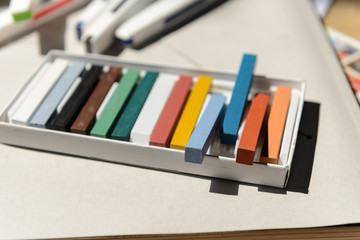 New crayons pastels color in box - back to school, education, art