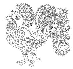 original black and white line art rooster drawing, page of color