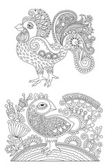 Fototapeta na wymiar original black and white line art rooster drawing, page of color