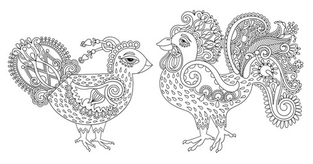 original black and white line art rooster drawing, page of color