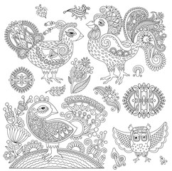 set of original black and white line art rooster drawing