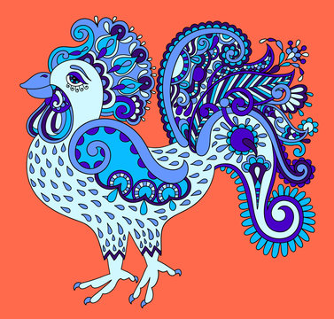 original retro cartoon chicken drawing, symbol of 2017 new year 
