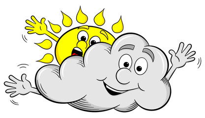 Cartoon Sonne und Wolke spielen bedeckten Himmel 