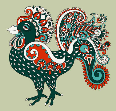 original retro cartoon chicken drawing, symbol of 2017 new year 