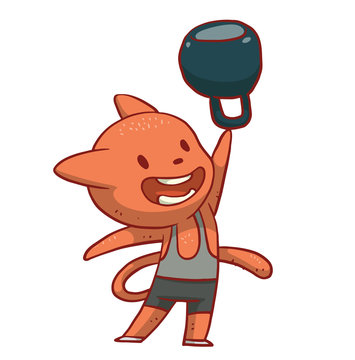 Vector cartoon image of a cute orange cat in black shorts and gray T-shirt with a big black kettlebell in his paw standing on white background. Funny cat engaged in weightlifting. Vector illustration.