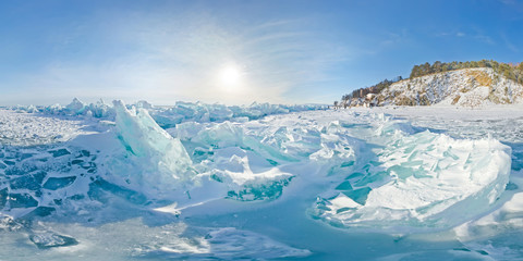Fototapeta premium Blue ice hummocks Baikal stereographic panorama, Listvyanka