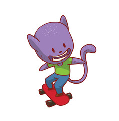 Vector cartoon image of a cute purple cat in blue pants and green T-shirt ride on a red skateboard and smiling on a white background. Funny cat engaged in skateboarding. Vector illustration.