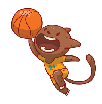 Vector cartoon image of a cute brown cat in yellow shorts and T-shirt with an orange basketball ball in his paw jumping on a white background. Funny cat playing basketball. Vector illustration.