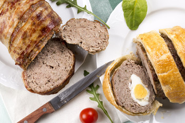 Two different meatloaf of minced meat.