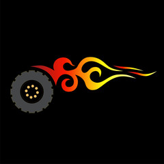 Abstract wheel with flames on a black background.
