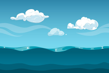 Fototapeta na wymiar Sea or ocean cartoon landscape with sky and clouds. Seamless water waves background for computer game design. Landscape with water waves and cloud vector illustration