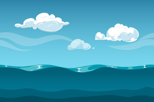 Sea or ocean cartoon landscape with sky and clouds. Seamless water waves  background for computer game design. Landscape with water waves and cloud  vector illustration Stock Vector | Adobe Stock