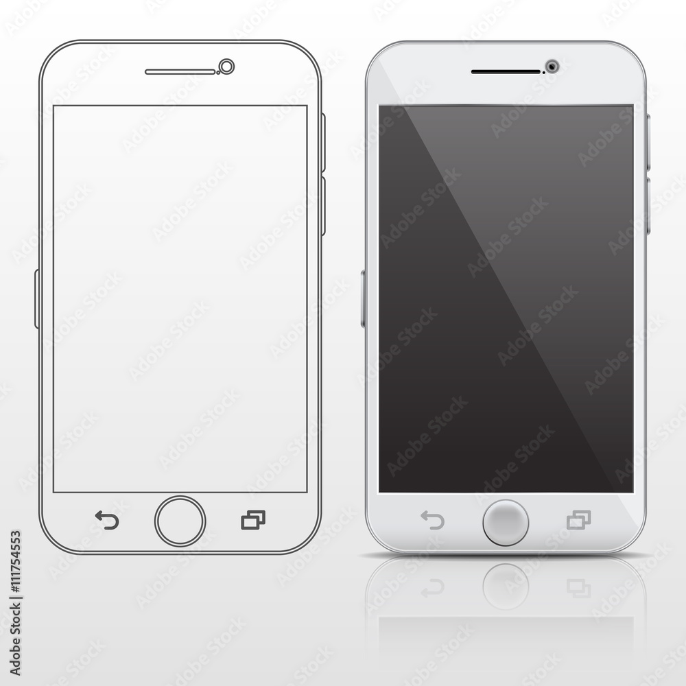 Poster outline and realistic smartphone, cell phone vector design template in thin line style. screen gadge