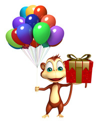 Monkey cartoon character with giftbox and baloon