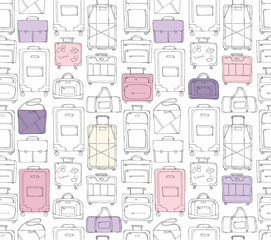 Hand drawn doodle sketch illustration seamless pattern of bags - baggage for travel, suitcase, case, handbag, portmanteau, Lady's bag, Clutch, Beach bag, sports bag pink and rose colored vector