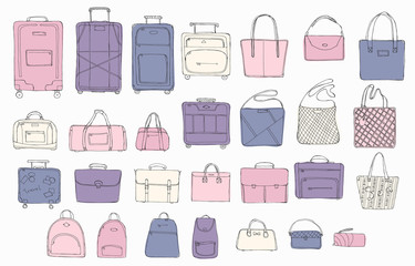 Hand drawn doodle sketch illustration set of bags - baggage for travel, suitcase, case, handbag, portmanteau, Lady's bag, Clutch, Beach bag, sports bag blue and beige rose and violet colored vector
