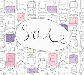 Hand drawn doodle sketch illustration seamless pattern of bags - baggage for travel, suitcase, case, handbag, Lady's bag, Clutch, Beach bag, sports bag with lettering Sale pink and rose vector