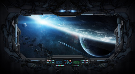 Fototapeta premium Window view of space and planets from a space station